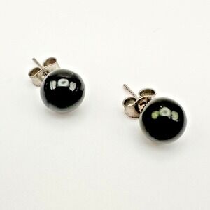 Vintage Silver Tone Black Onyx Style Ball Stud Earrings Glossy Round Bead Goth‎